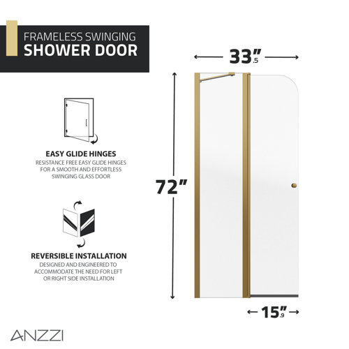 Anzzi 33.3'' W x 72'' H Pivot Frameless Shower Door with Clear Glass